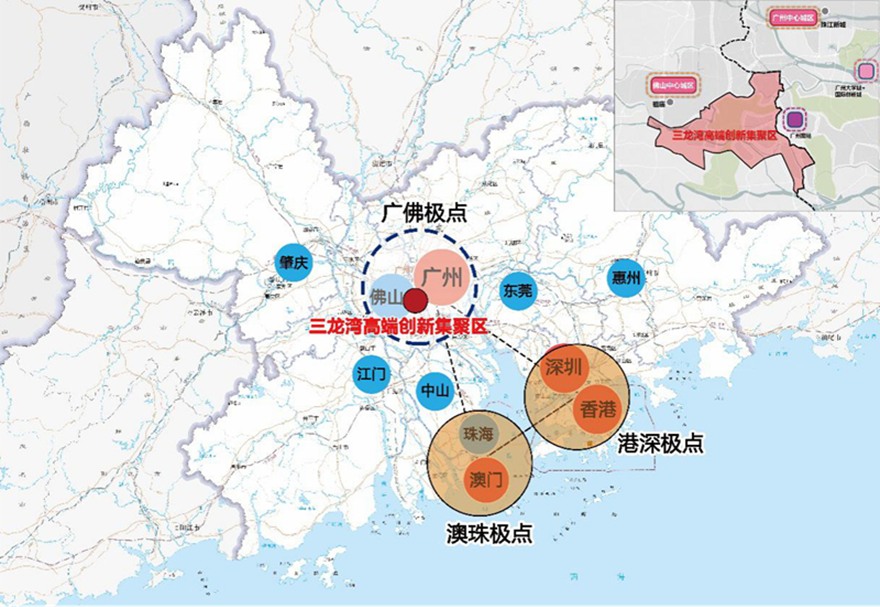 2021年2月，廣東省推進(jìn)粵港澳大灣區(qū)建設(shè)領(lǐng)導(dǎo)小組正式印發(fā)了《佛山三龍灣高端創(chuàng)新集聚區(qū)發(fā)展總體規(guī)劃(2020—2035年）》。三龍灣將打造成廣東省推進(jìn)粵港澳大灣區(qū)建設(shè)的重要發(fā)展平臺(tái)和珠江西岸創(chuàng)新極核，建設(shè)成為面向全球的先進(jìn)制造業(yè)創(chuàng)新高地、珠江西岸開放合作標(biāo)桿、廣佛融合發(fā)展引領(lǐng)區(qū)和高品質(zhì)嶺南水鄉(xiāng)之城。圖為三龍灣區(qū)位示意。