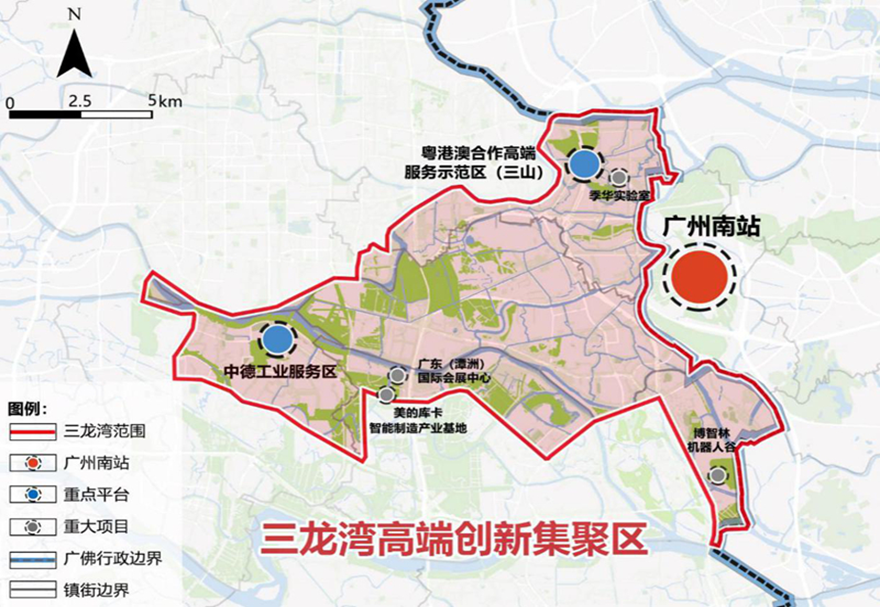 總體規(guī)劃提出，三龍灣是佛山立足粵港澳大灣區(qū)的門戶樞紐，已逐漸顯現(xiàn)出創(chuàng)新要素集聚、產(chǎn)城融合發(fā)展的態(tài)勢(shì)，具備高起點(diǎn)規(guī)劃、高標(biāo)準(zhǔn)建設(shè)的基礎(chǔ)條件。圖為三龍灣規(guī)劃范圍。