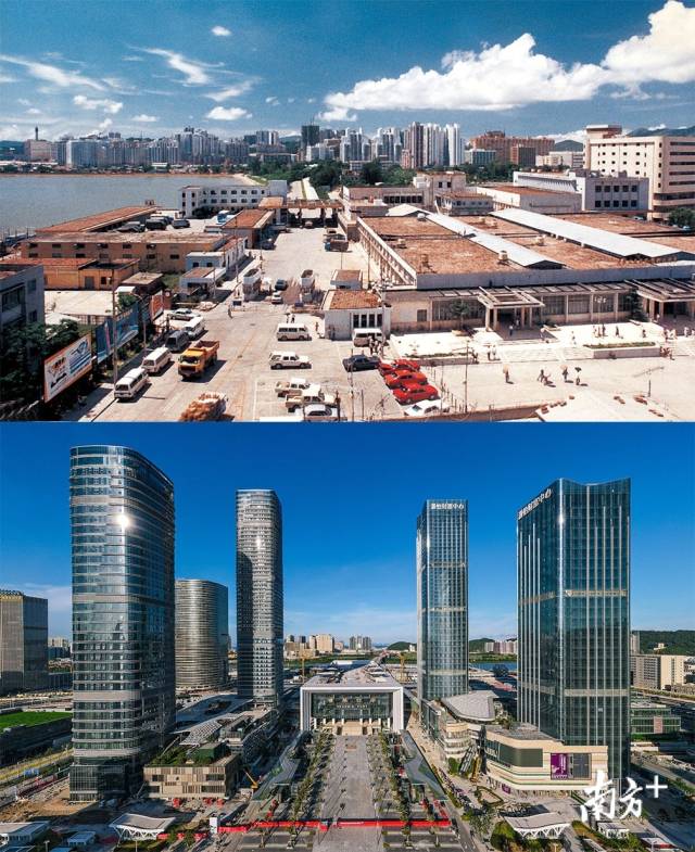 上圖：上世紀80年代的拱北口岸原聯(lián)檢樓；下圖：2020年，珠海橫琴口岸新大樓拔地而起并投入使用