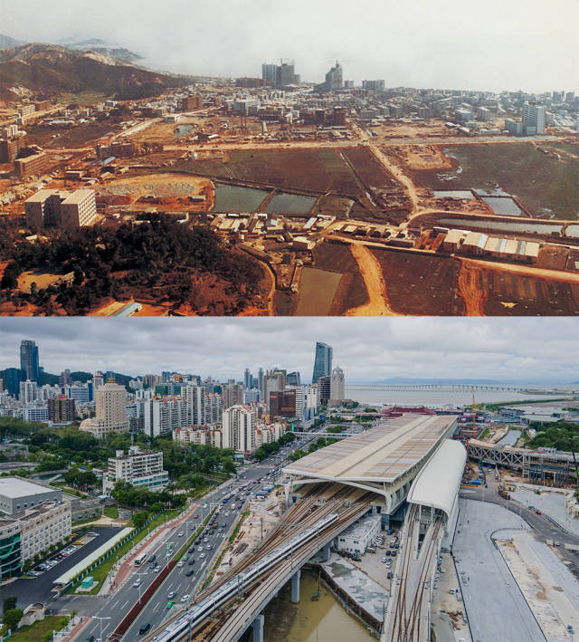 上圖：1984年正在建設中的拱北區(qū)。洪漢波 攝；下圖：2020年，城軌正在駛出拱北珠海站