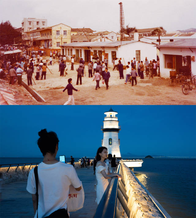上圖：1981年，香洲城區(qū)舊貌；下圖：2020年，香洲情侶路邊的愛情燈塔，成為市民游客游玩的熱門景點