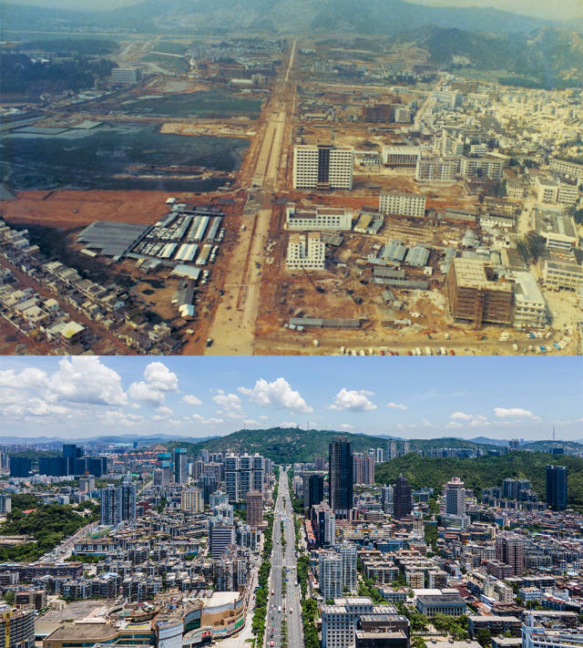 上圖：1984年，動工建設的拱北迎賓大道；下圖：2020年，北望板樟山，沿著迎賓大道發(fā)展的珠海市區(qū)