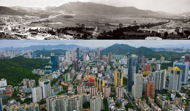 上圖：1983年，吉大舊貌。孔慶憲 攝；下圖：2020年，珠海香洲區(qū)吉大商業(yè)圈，曾經(jīng)的平房如今高樓林立