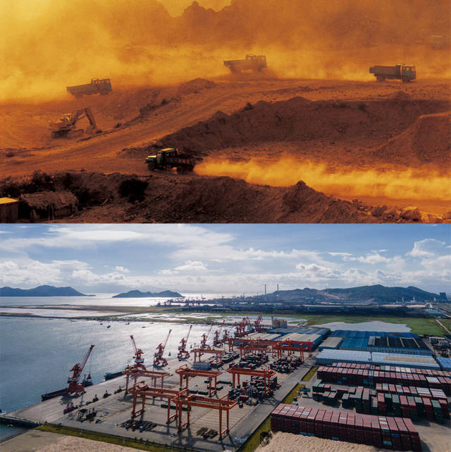 上圖：1990年，珠海港在建設中；下圖：2020年，珠海市高欄港經(jīng)濟區(qū)承載著特區(qū)貨運樞紐的重擔