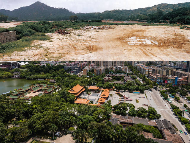 上圖：1991年，圓明新園原址；下圖：2020年，香洲區(qū)圓明新園如今被一棟棟嶄新的現(xiàn)代樓房包圍