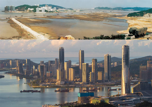 上圖：1992年，橫琴島十字門圍海造地；下圖：2020年，珠海橫琴新區(qū)的建設正如火如荼進行中