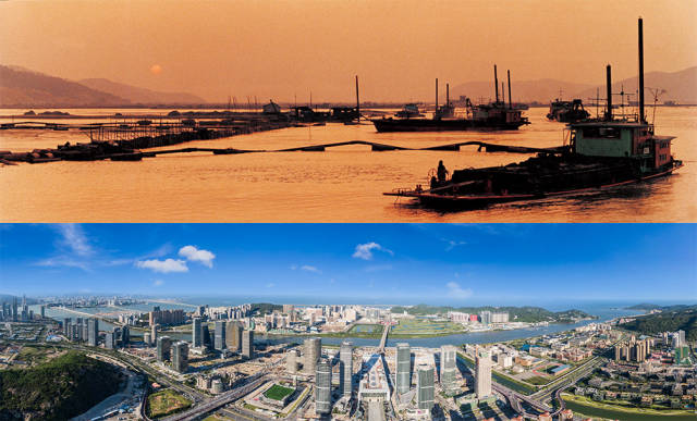 上圖：1992年，橫琴島經(jīng)過科學論證與規(guī)劃，開始大規(guī)模圍海造地；下圖：2020年，珠海橫琴新區(qū)全貌