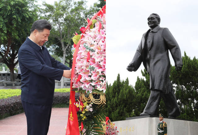 10月14日下午，習近平來到蓮花山公園，向鄧小平同志銅像敬獻花籃。新華社記者 王曄 攝