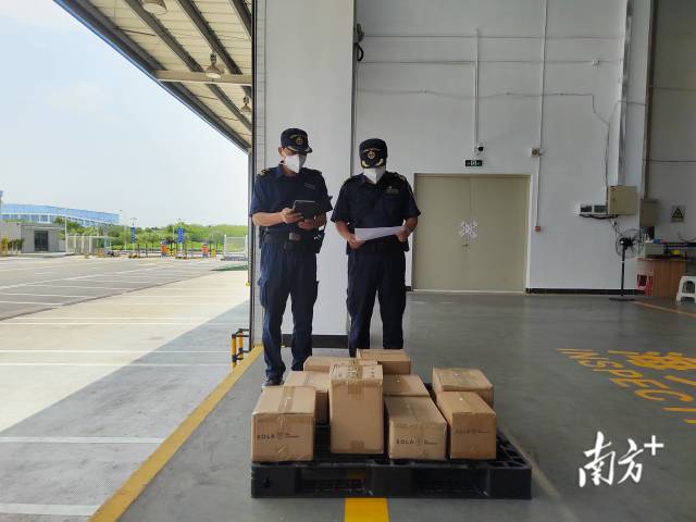 黃埔海關所屬沙田海關關員對經東莞—香港國際空港中心進口貨物進行監管。攝影：石磊 濮宣
