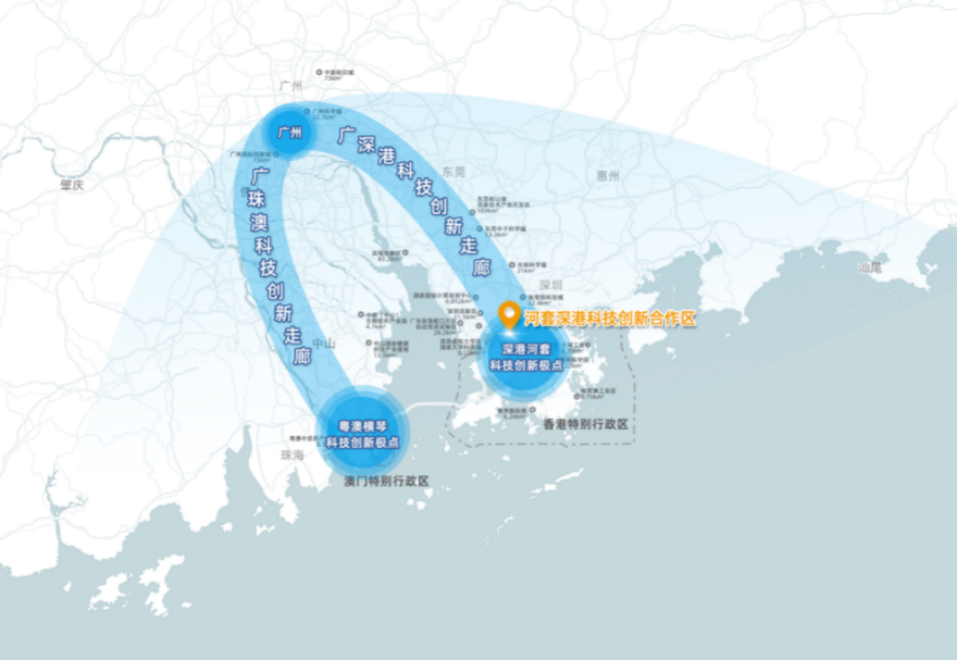 河套合作區(qū)地處大灣區(qū)科技創(chuàng)新資源集聚的地帶，有力支撐廣深港科技創(chuàng)新走廊建設(shè)，有利于融合香港原始創(chuàng)新和珠三角地區(qū)高新技術(shù)產(chǎn)業(yè)優(yōu)勢(shì)，全方位匯聚創(chuàng)新資源。圖為兩點(diǎn)兩廊（即廣深港、廣珠澳科創(chuàng)走廊和深圳河套、珠海橫琴創(chuàng)新極點(diǎn)）示意圖。