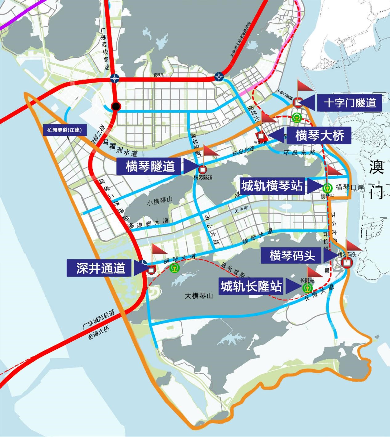 　　橫琴粵澳深度合作區“一線”“二線”示意圖。其中，“一線”主要是橫琴口岸；“二線”通道主要包括橫琴大橋、橫琴隧道、深井通道、橫琴碼頭、廣珠城軌延長線橫琴站及長隆站、十字門隧道（臨時出島）。橫琴粵澳深度合作區執委會供圖。