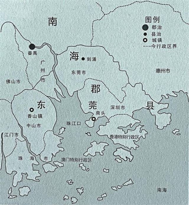 唐代東莞縣轄區圖。來源：《深圳古代史》，陳海濱 著，深圳報業集團出版社2015年1月第一版。