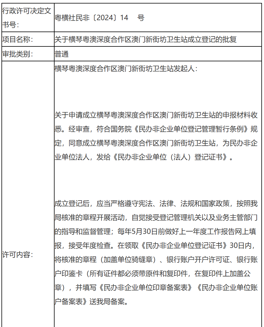 關于橫琴粵澳深度合作區澳門新街坊衛生站成立登記的批復