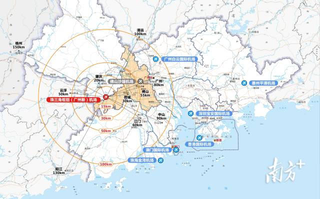 機場在粵港澳大灣區的位置。 機場在粵港澳大灣區的位置。