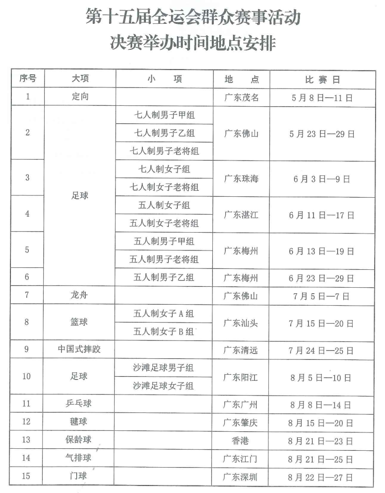 十五運會群眾體育賽事活動預決賽時間地點發布