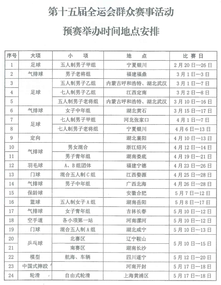 十五運會群眾體育賽事活動預決賽時間地點發布