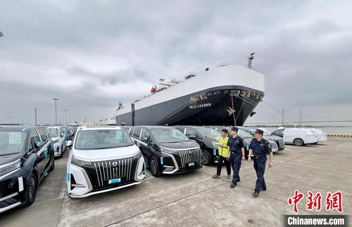  廣州海關所屬南沙海關關員對即將出口的國產汽車進行監管。廣州海關供圖