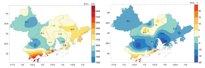 左圖為2024大灣區年日照時數分布(小時),右圖為2024大灣區年日照時數距平百分率分布(%) 左圖為2024大灣區年日照時數分布(小時),右圖為2024大灣區年日照時數距平百分率分布(%)