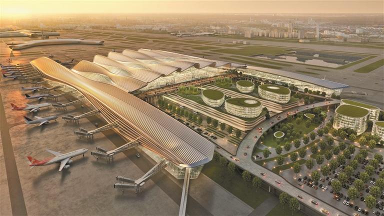 深圳機場T2航站區、北貨運區及綜合配套工程正式開工,圖為設計效果圖。 深圳機場T2航站區、北貨運區及綜合配套工程正式開工,圖為設計效果圖。